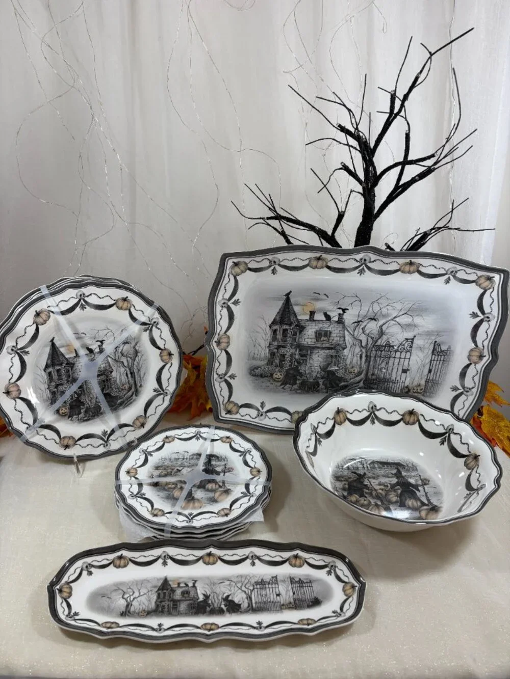Halloween Melamine Witch Coven Cat Dinner & Salad Plates & 3 Serving 11 PC Set